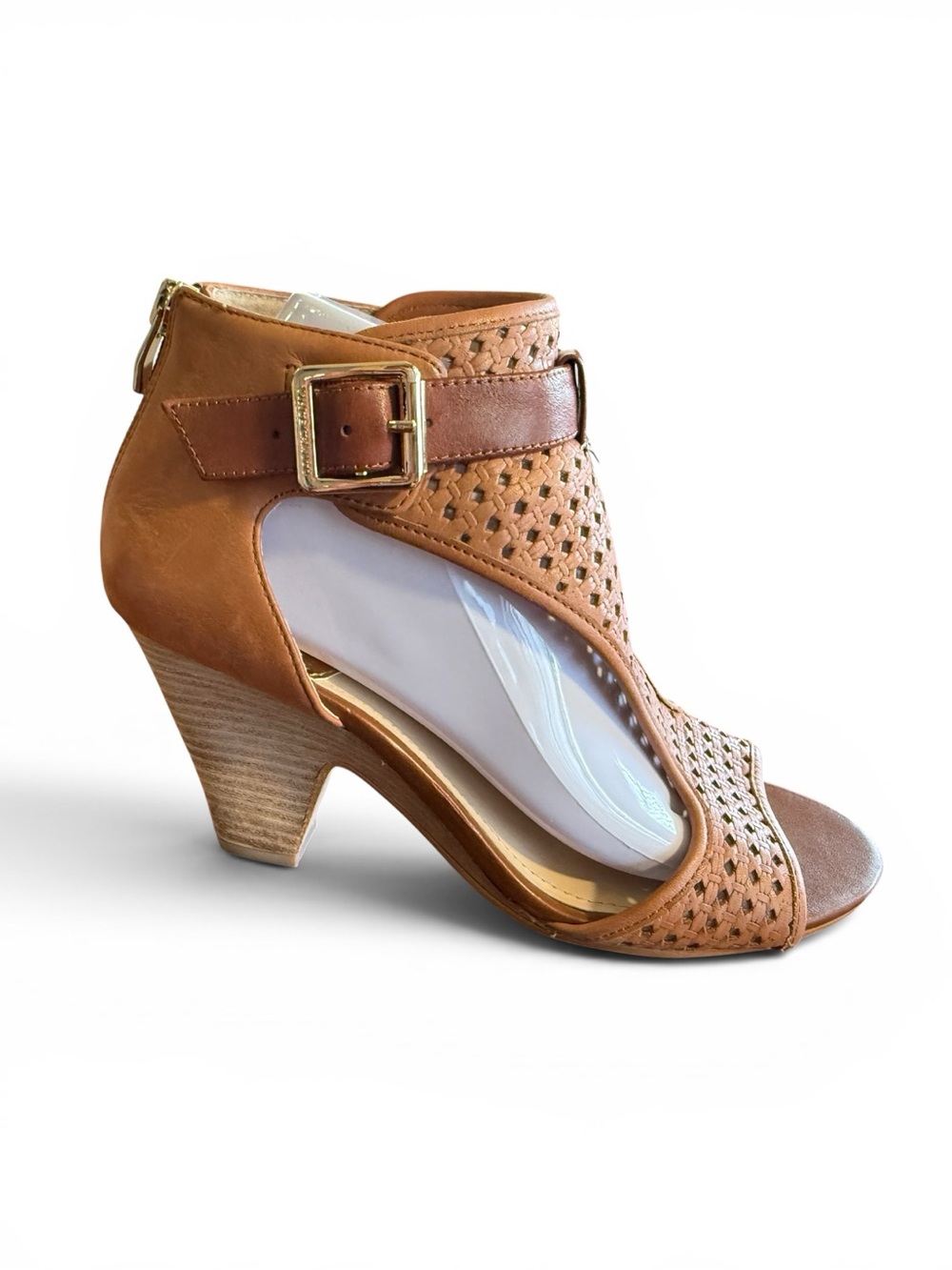 Vince Camuto Tan Cutout Peep-Toe Buckle Heeled Sandal